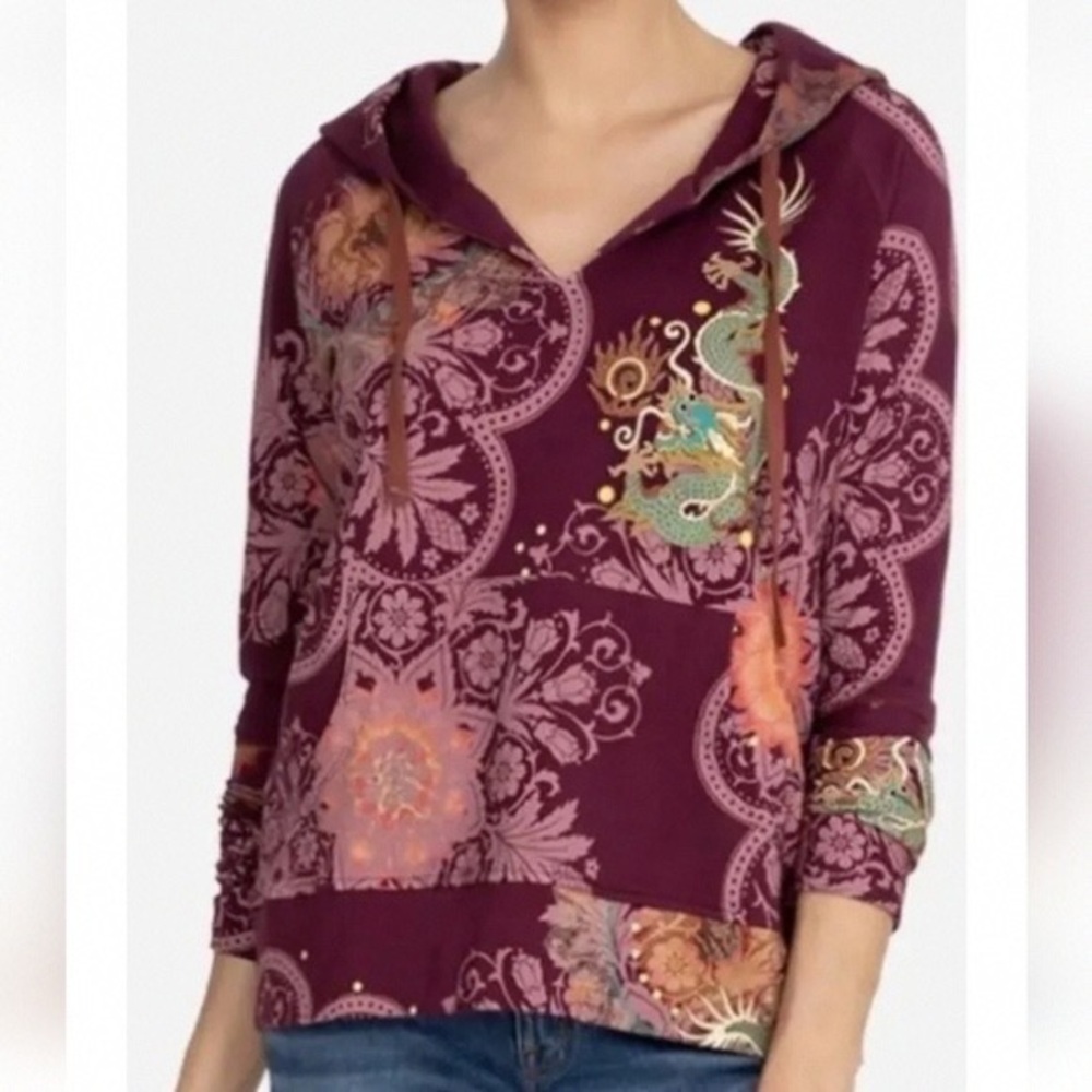 Johnny Was Burgundy Hoodie with Intricate Patterns